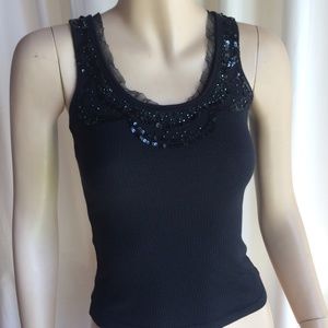 Guess? Black Tank Top w/ Sequin Neckline Detail
